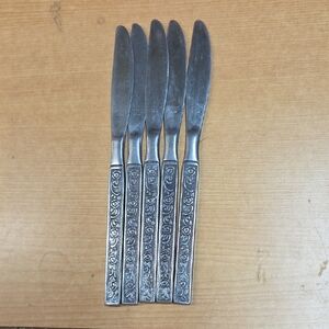 Vintage Nasco Bali Stainless Flatware‎ 5 Dinner Knives  Floral MCM Korea